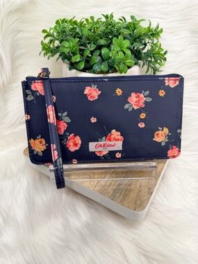 Cath Kidston Navy Floral Zip Wristlet with Pink Coral Roses